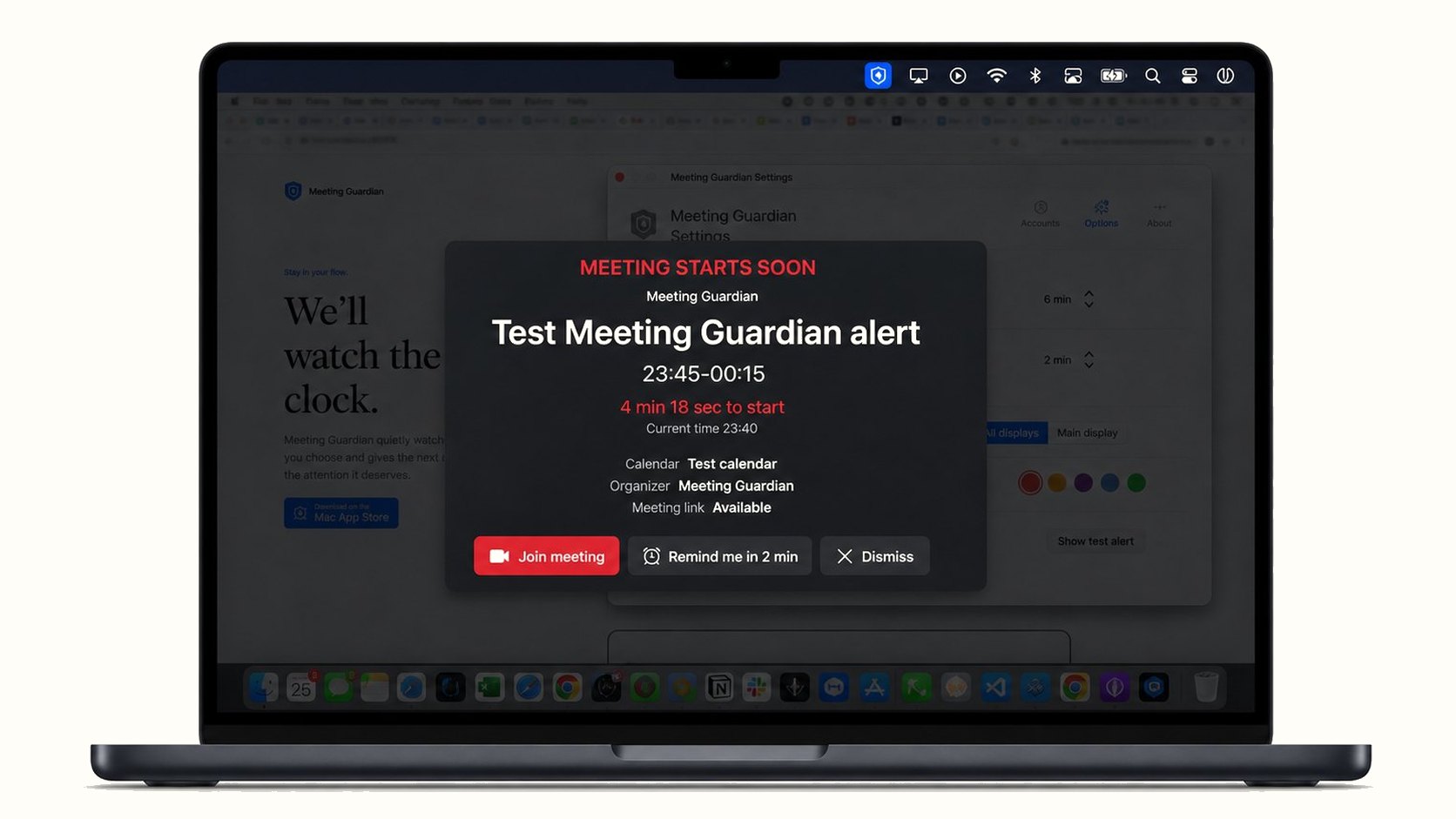 Meeting Guardian alert shown on a MacBook screen